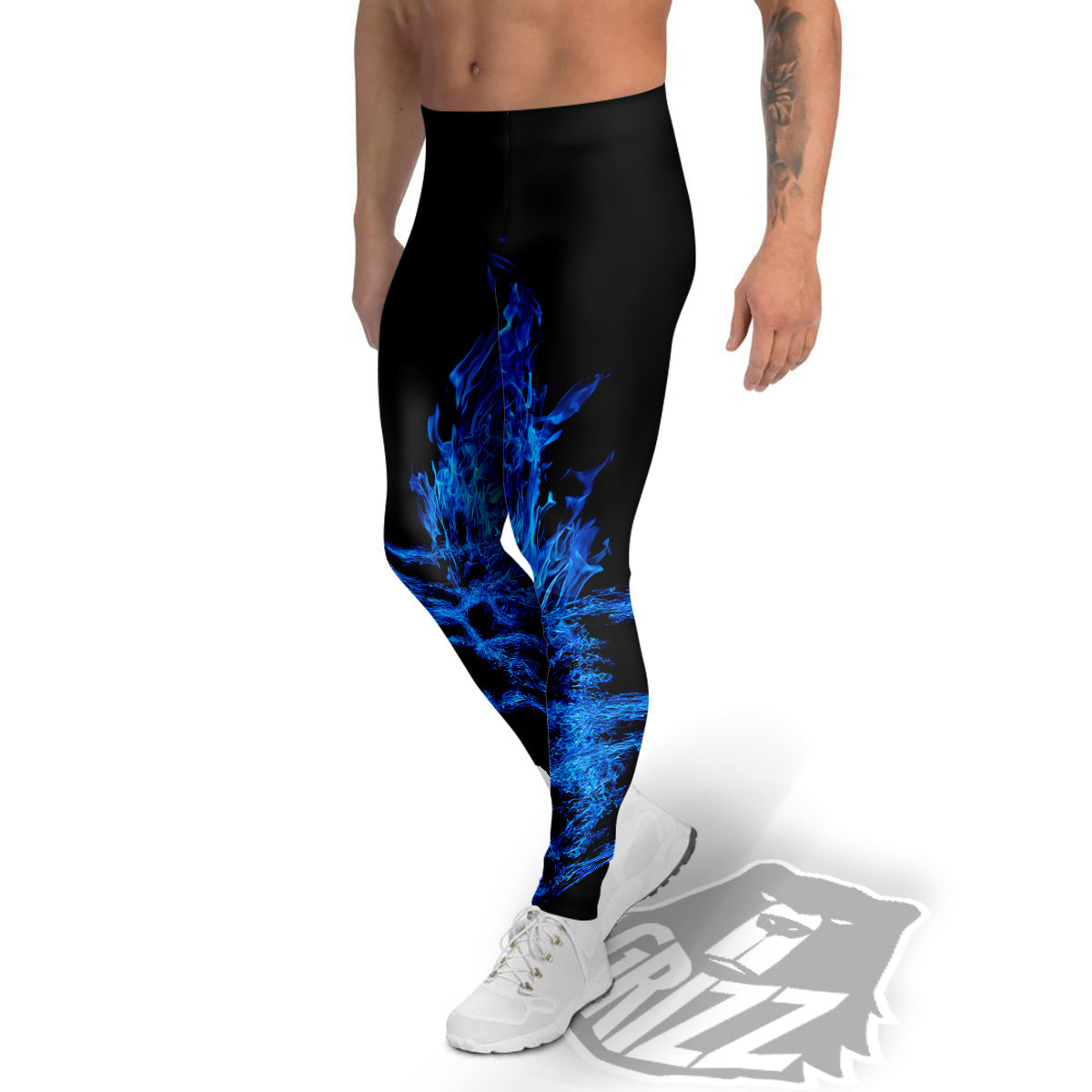 Pentagram Blue Flame Print Men's Leggings-grizzshop