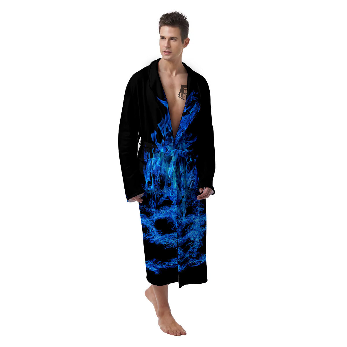 Pentagram Blue Flame Print Men's Robe-grizzshop