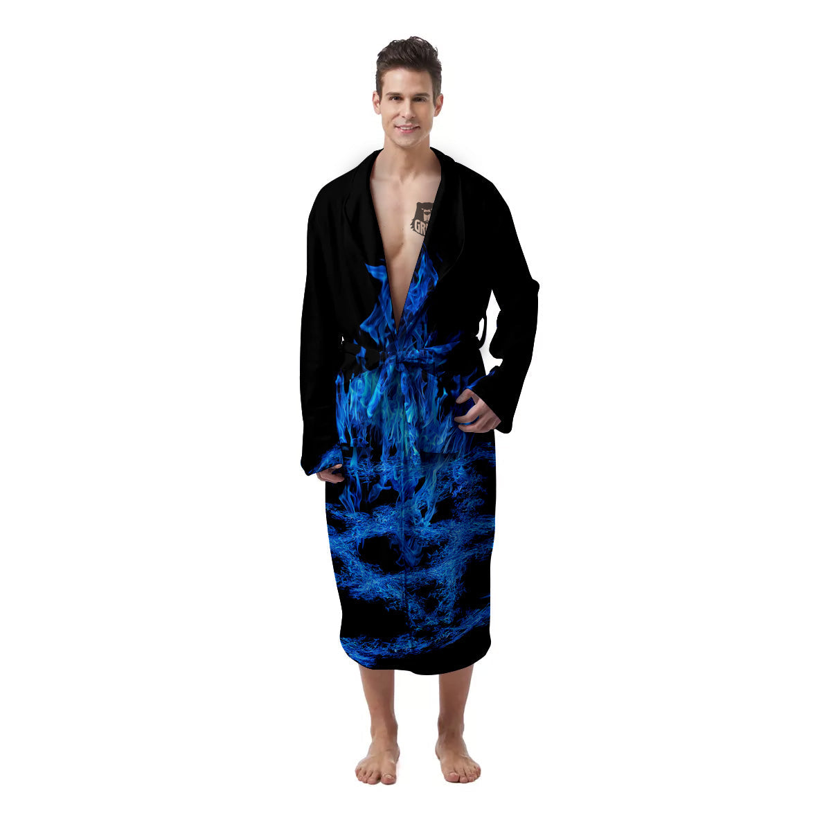 Pentagram Blue Flame Print Men's Robe-grizzshop