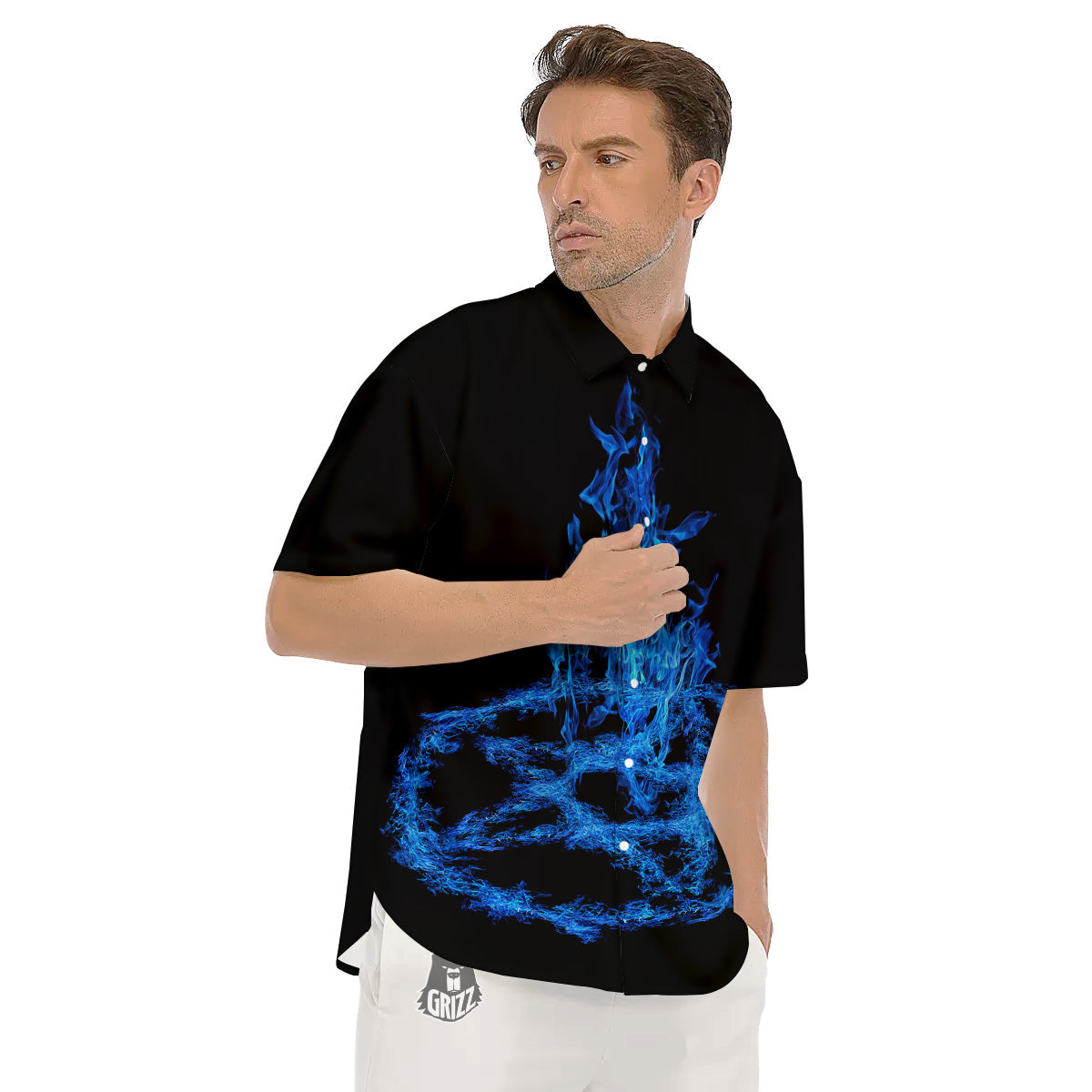 Pentagram Blue Flame Print Men's Short Sleeve Shirts-grizzshop
