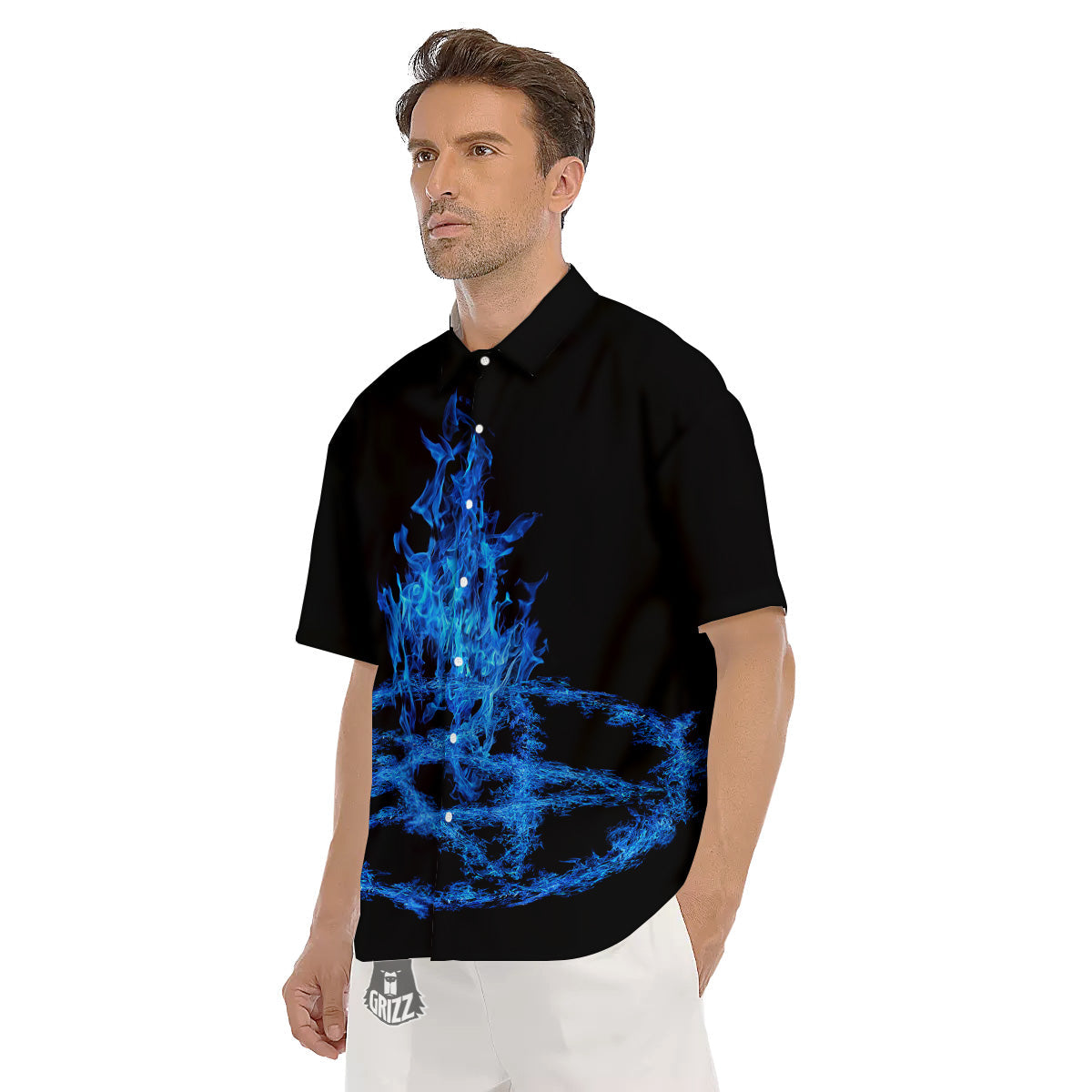 Pentagram Blue Flame Print Men's Short Sleeve Shirts-grizzshop