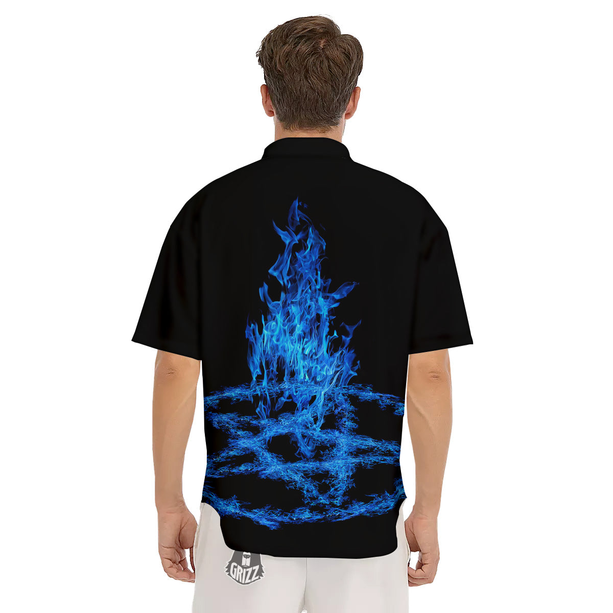 Pentagram Blue Flame Print Men's Short Sleeve Shirts-grizzshop