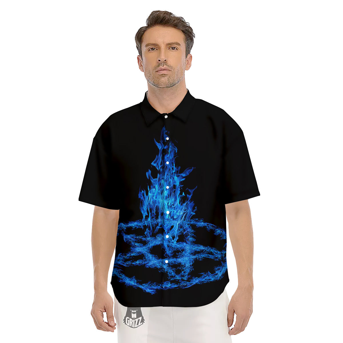 Pentagram Blue Flame Print Men's Short Sleeve Shirts-grizzshop
