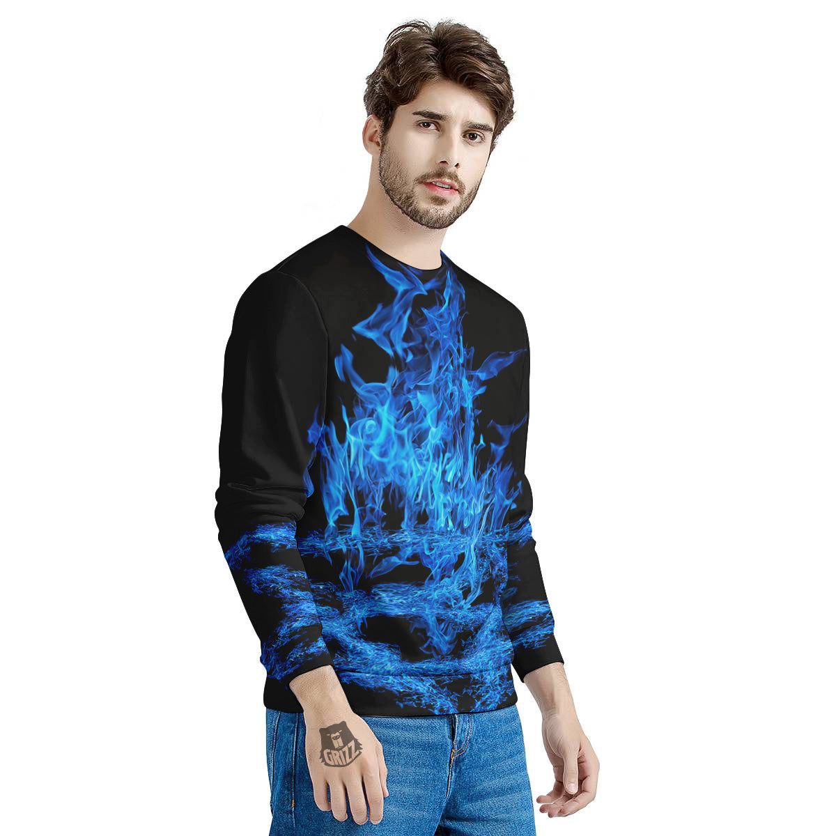 Pentagram Blue Flame Print Men's Sweatshirt-grizzshop