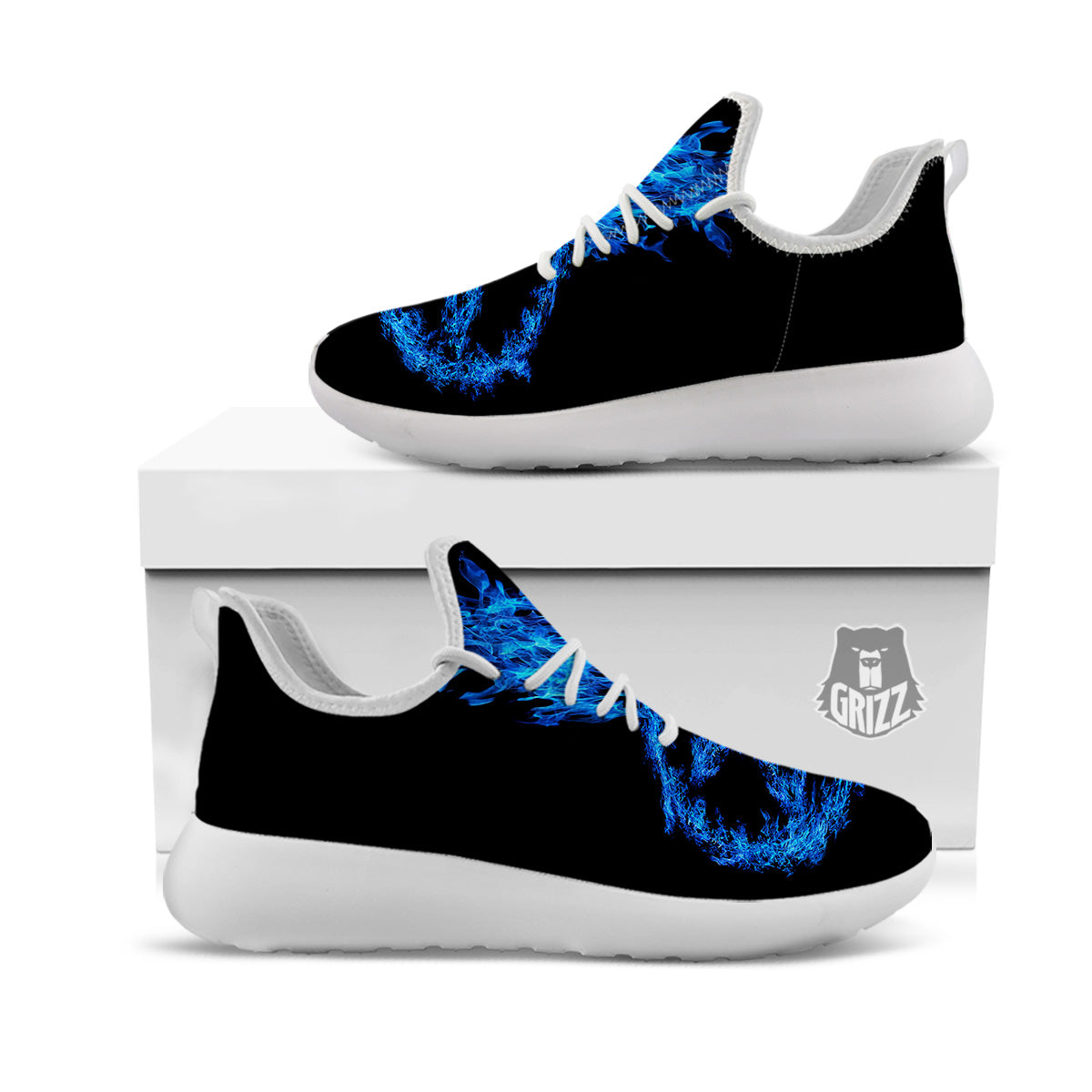 Pentagram Blue Flame Print White Athletic Shoes-grizzshop
