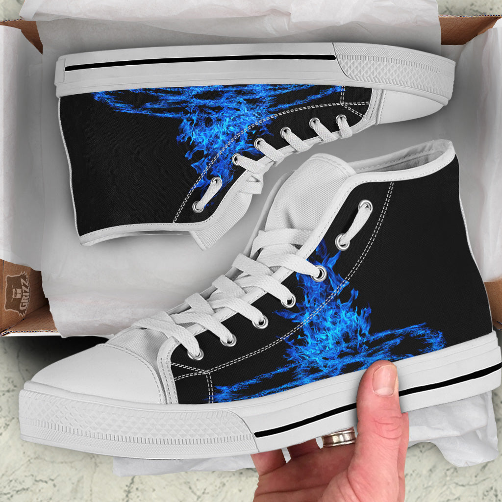 Pentagram Blue Flame Print White High Top Shoes-grizzshop