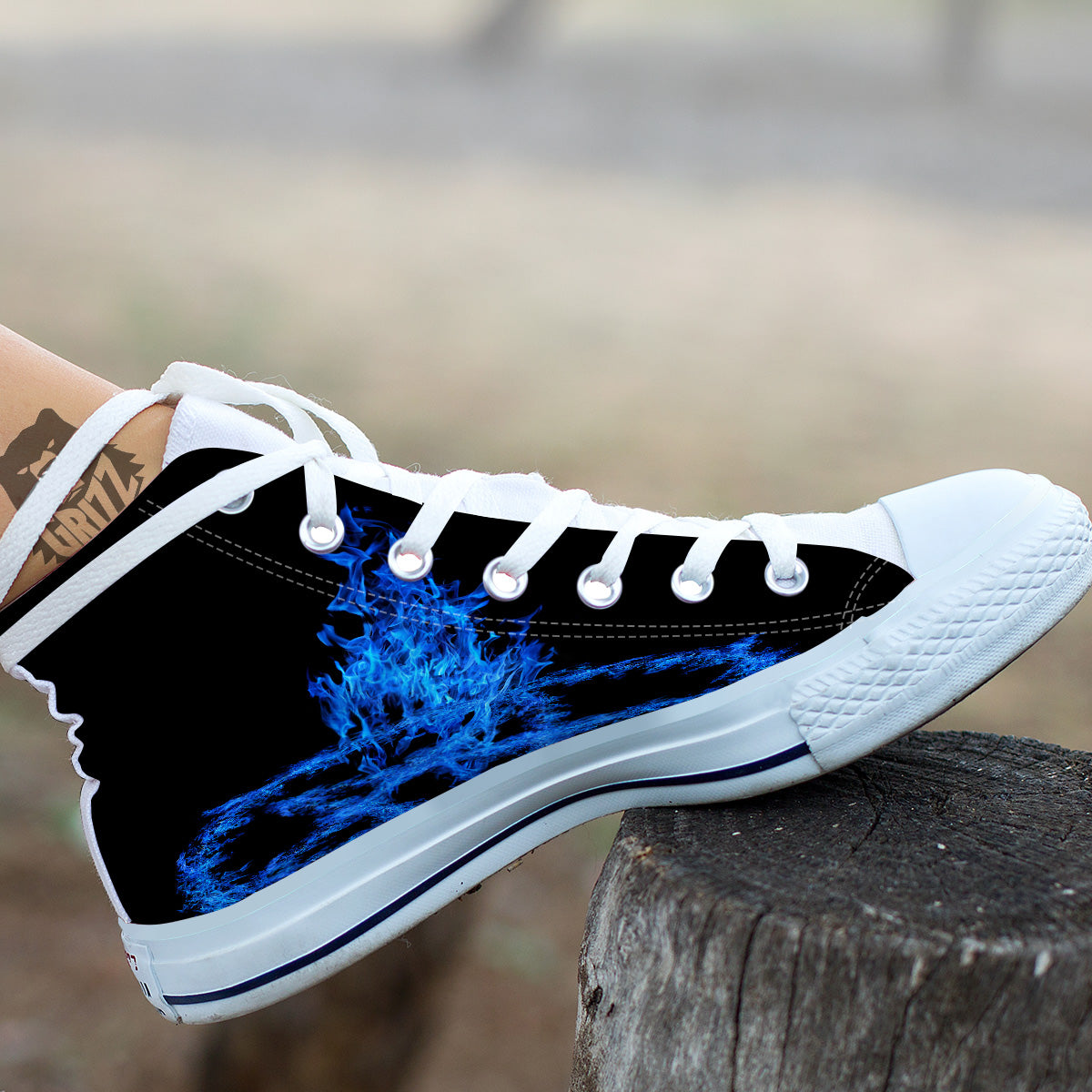 Pentagram Blue Flame Print White High Top Shoes-grizzshop