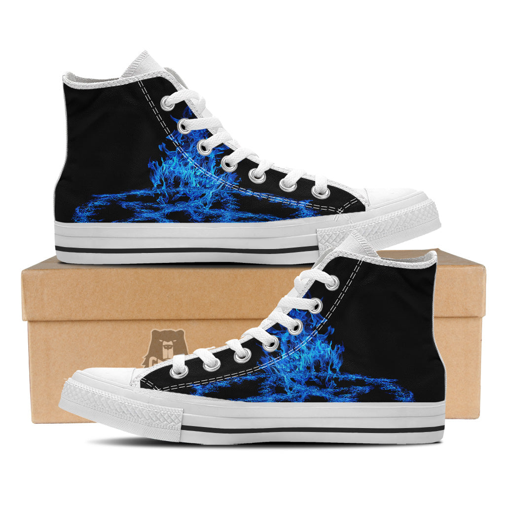 Pentagram Blue Flame Print White High Top Shoes-grizzshop