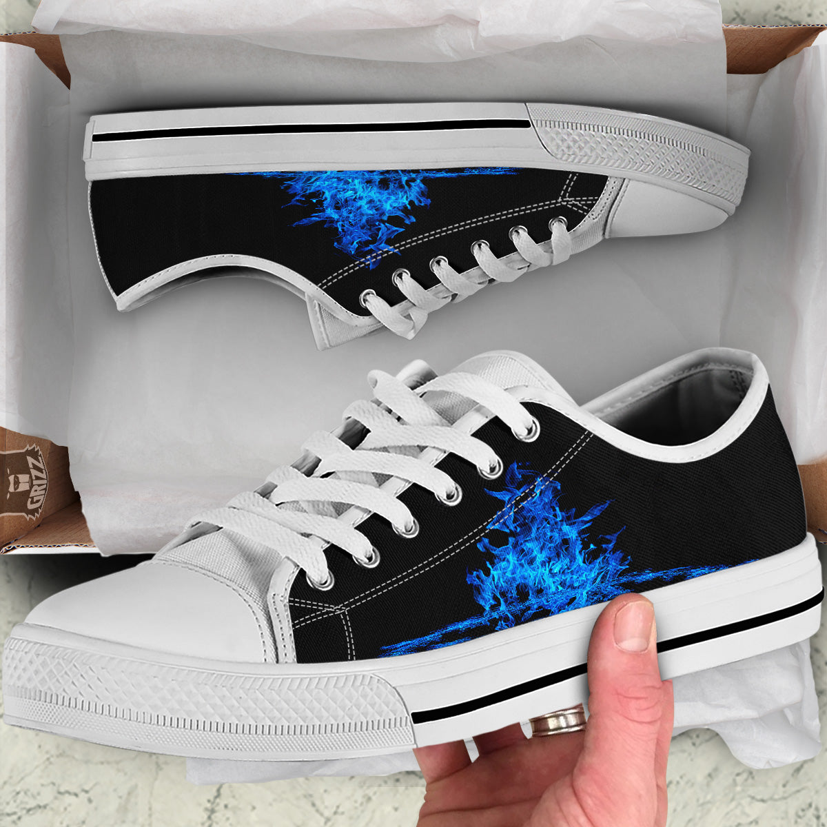 Pentagram Blue Flame Print White Low Top Shoes-grizzshop