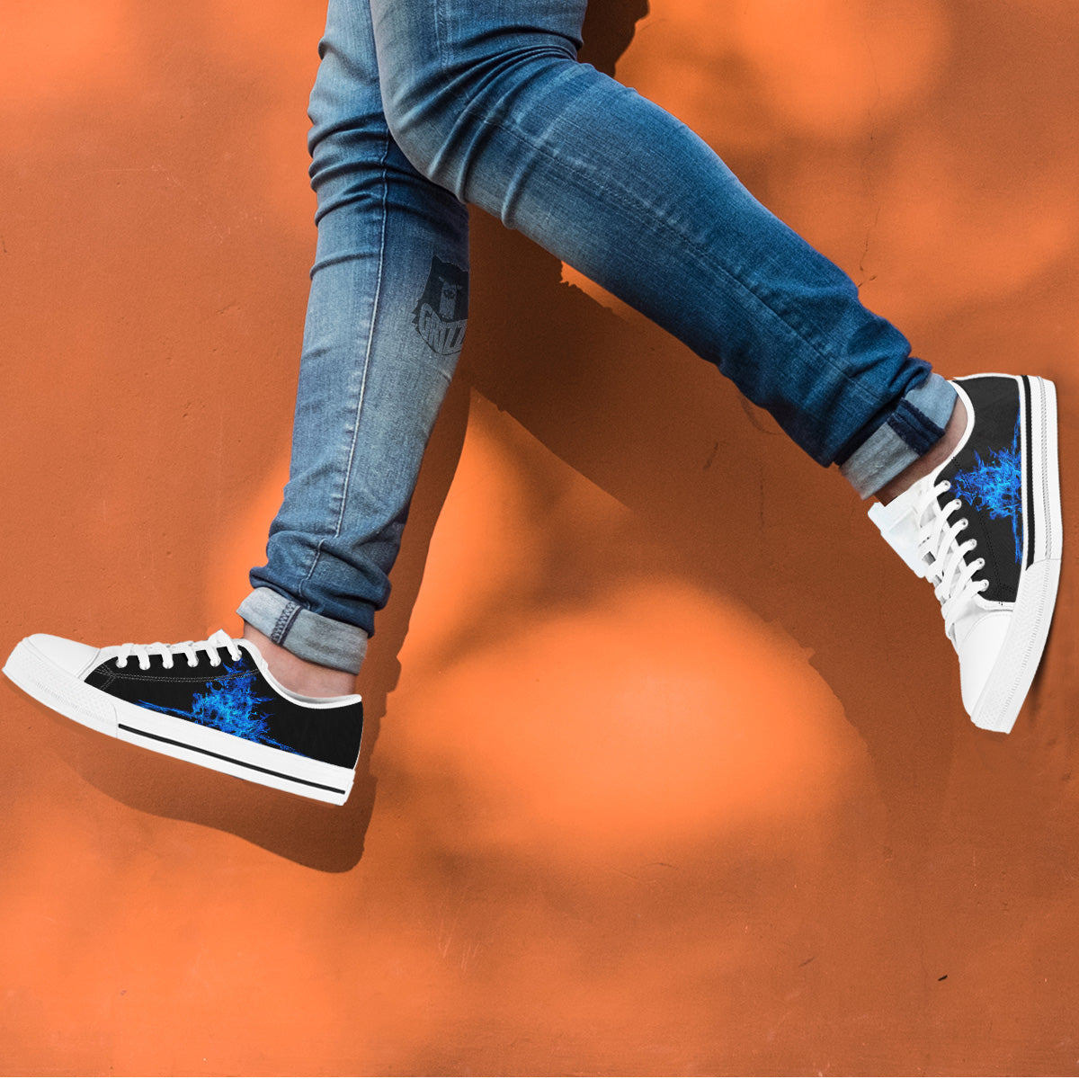 Pentagram Blue Flame Print White Low Top Shoes-grizzshop