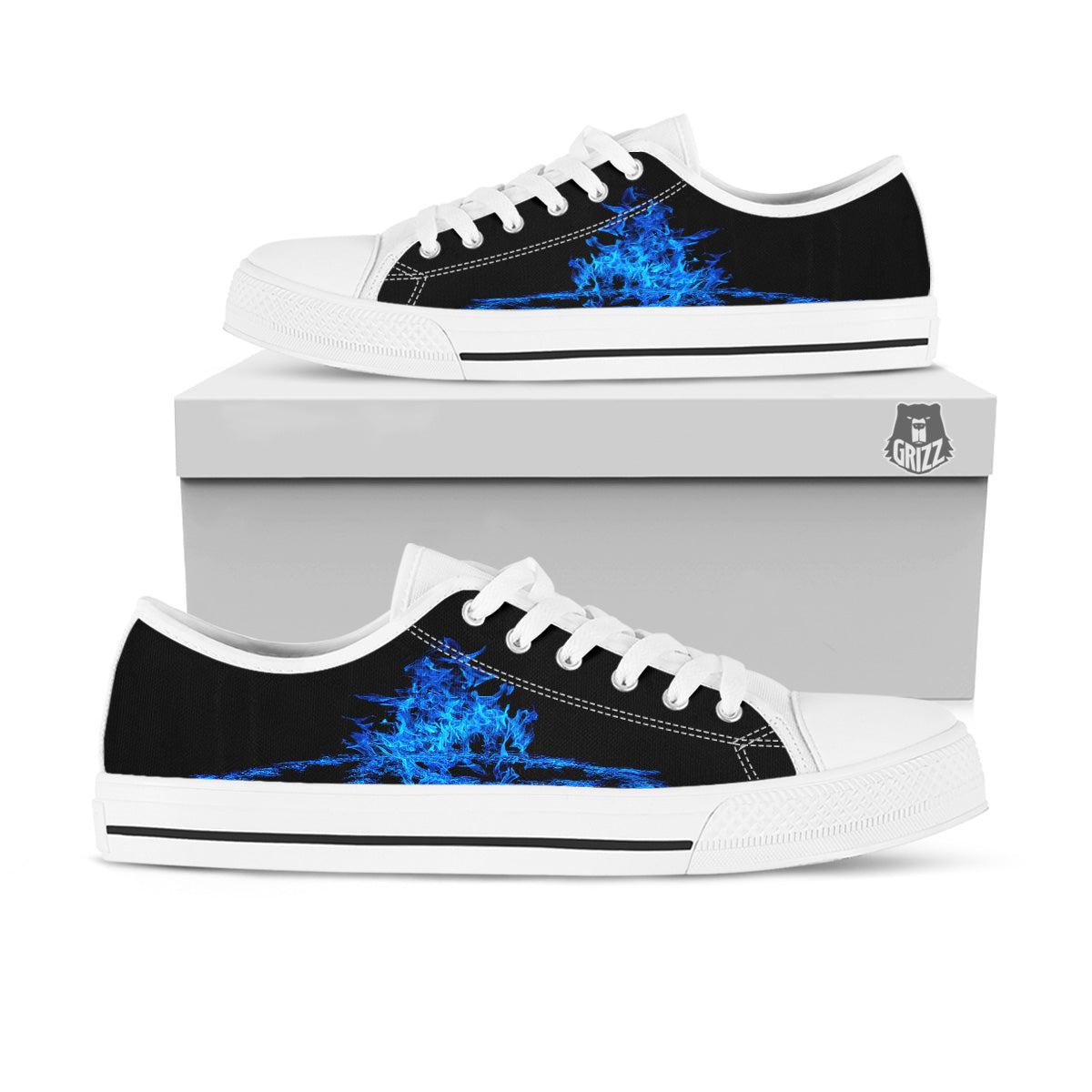Pentagram Blue Flame Print White Low Top Shoes-grizzshop