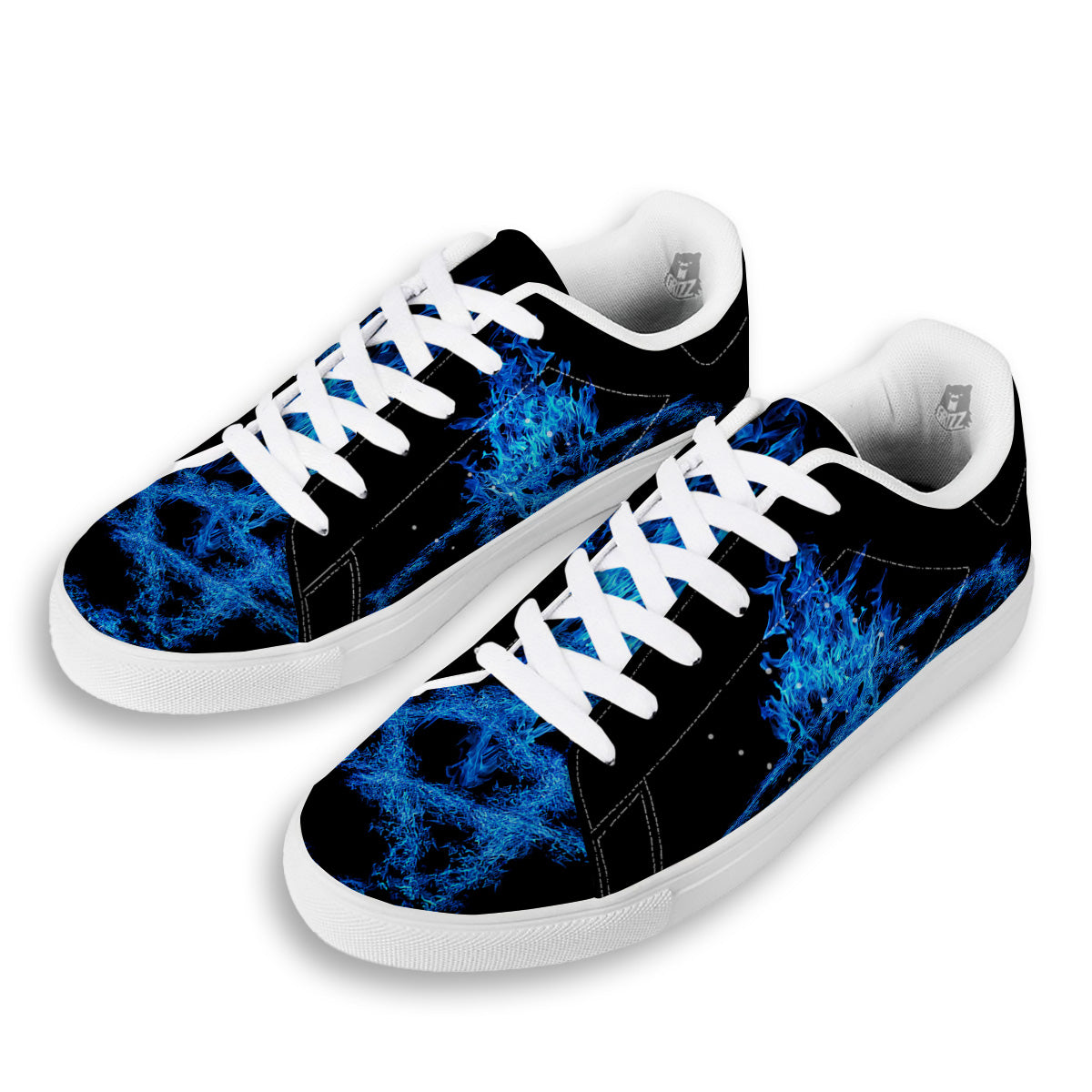 Pentagram Blue Flame Print White Low Top Sneakers-grizzshop
