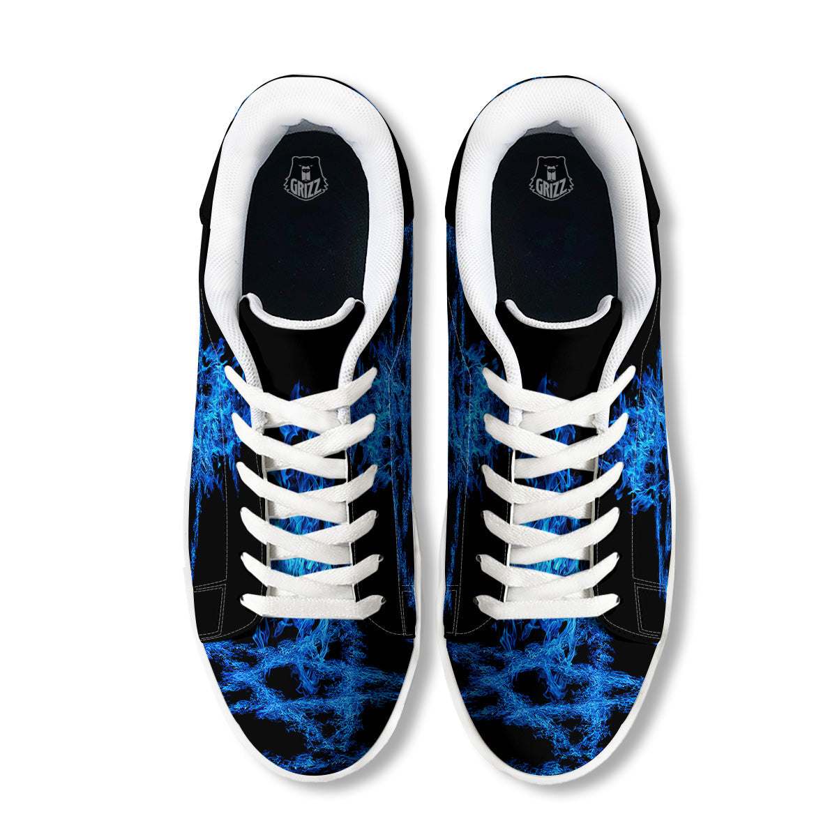 Pentagram Blue Flame Print White Low Top Sneakers-grizzshop