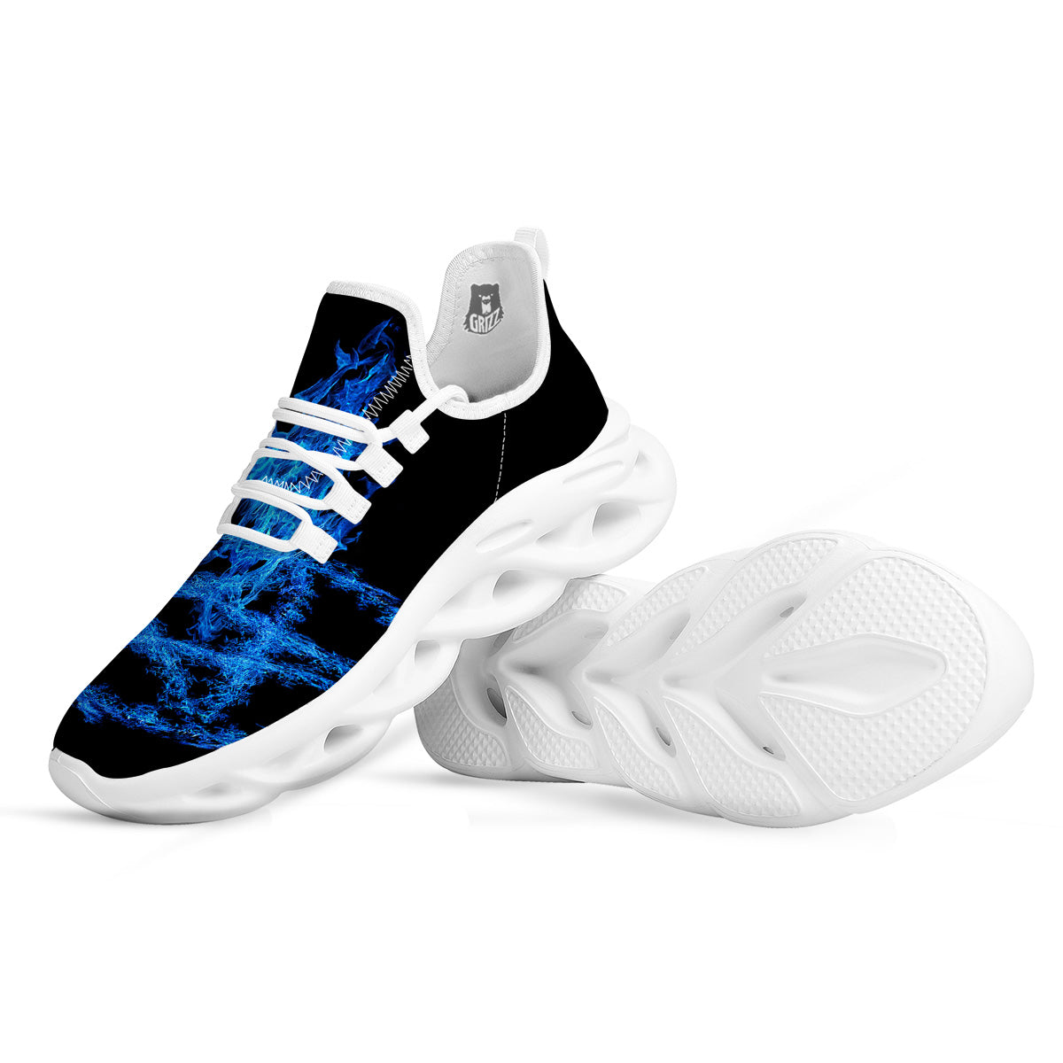 Pentagram Blue Flame Print White Running Shoes-grizzshop