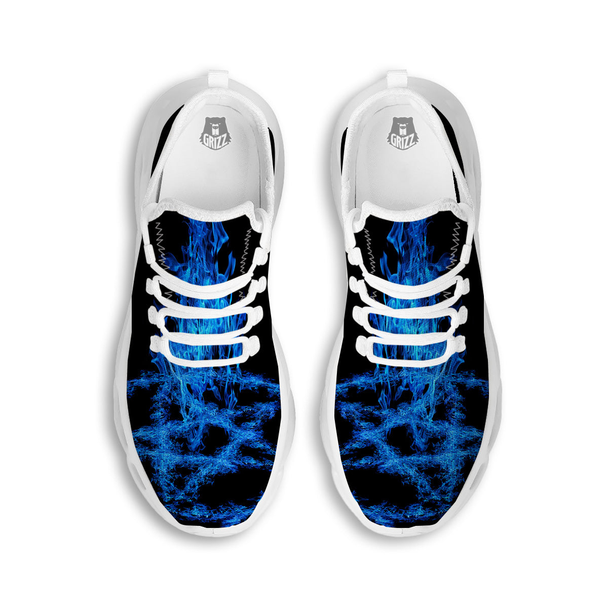 Pentagram Blue Flame Print White Running Shoes-grizzshop