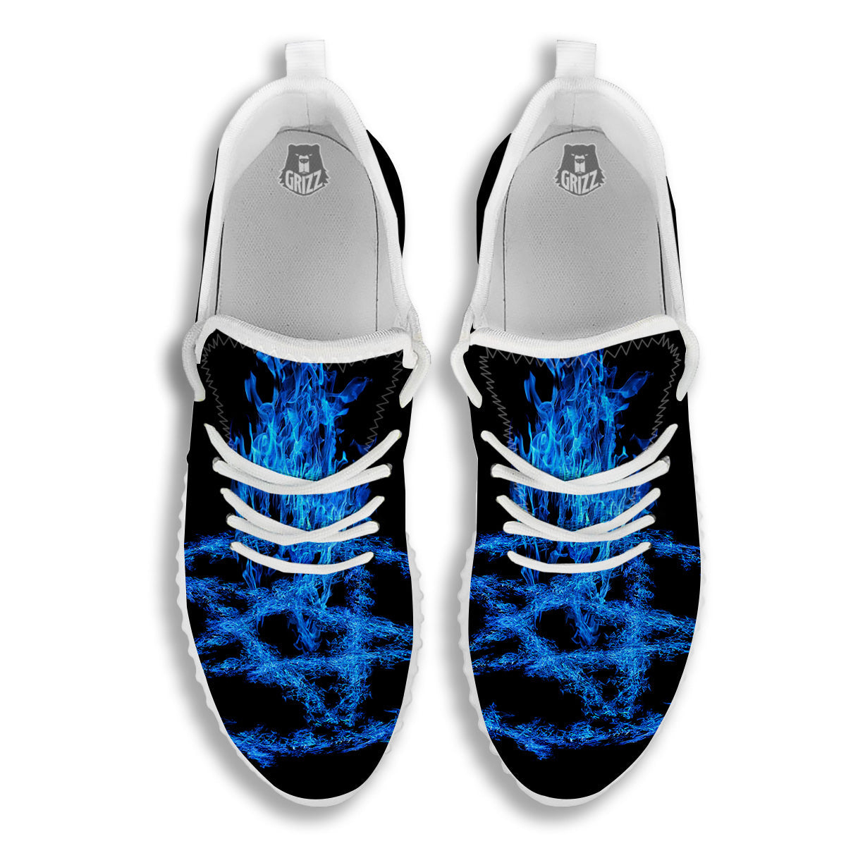 Pentagram Blue Flame Print White Walking Shoes-grizzshop