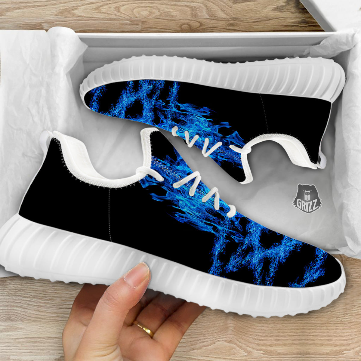Pentagram Blue Flame Print White Walking Shoes-grizzshop