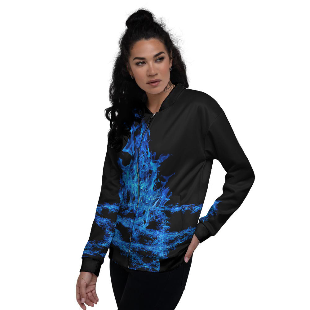 Pentagram Blue Flame Print Women's Bomber Jacket-grizzshop