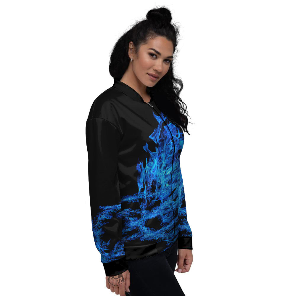 Pentagram Blue Flame Print Women's Bomber Jacket-grizzshop