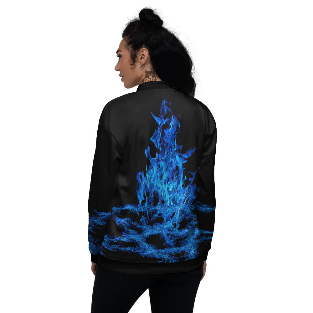 Pentagram Blue Flame Print Women's Bomber Jacket-grizzshop