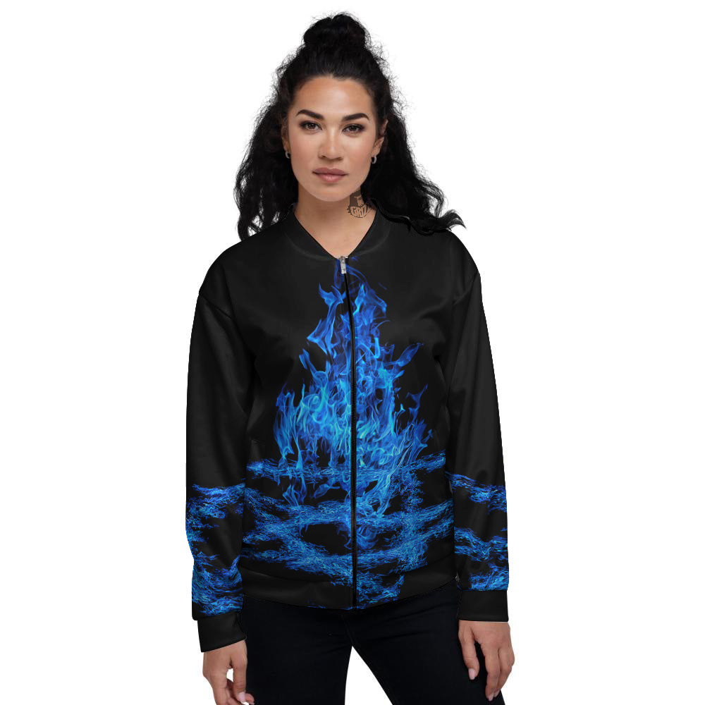 Pentagram Blue Flame Print Women's Bomber Jacket-grizzshop