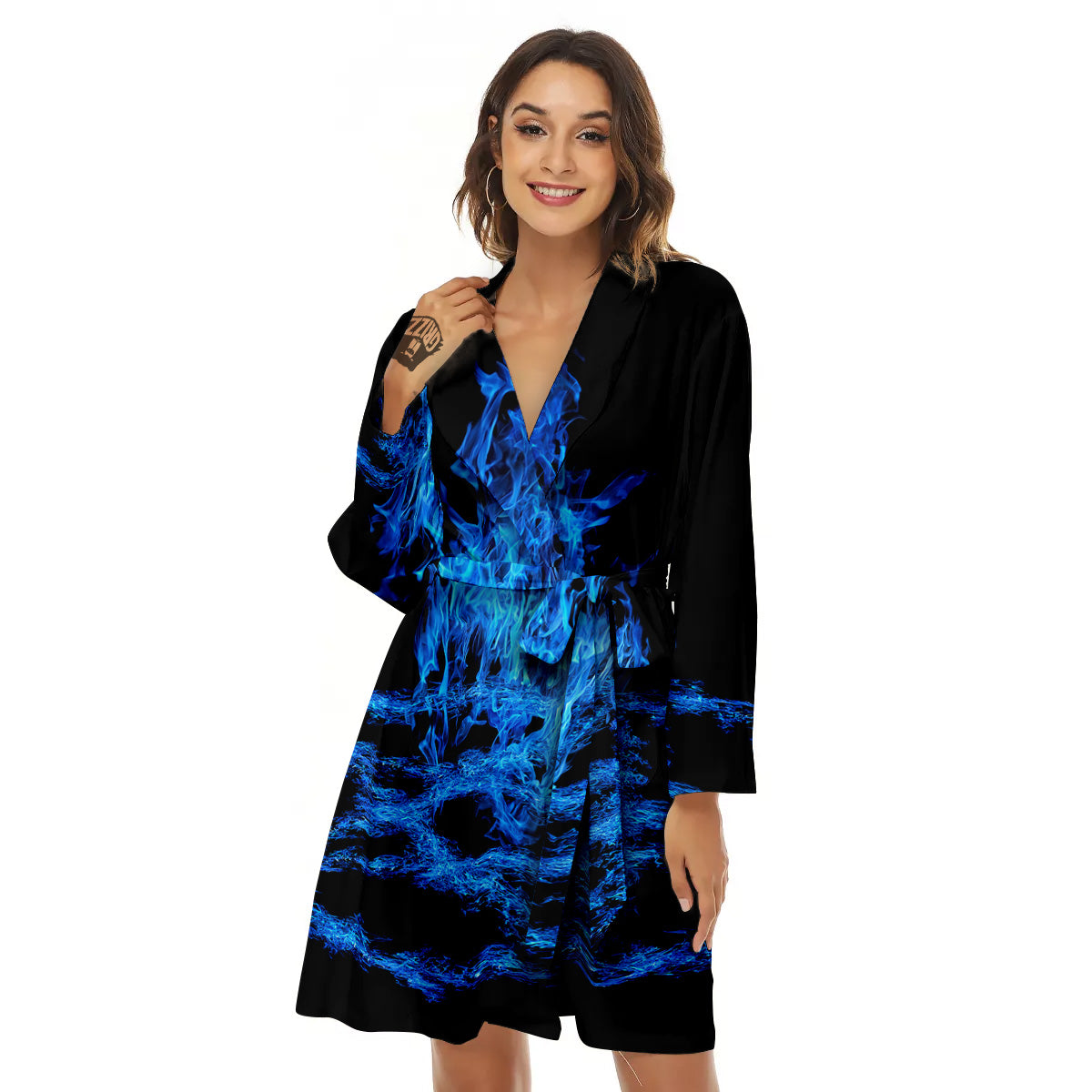 Pentagram Blue Flame Print Women's Robe-grizzshop