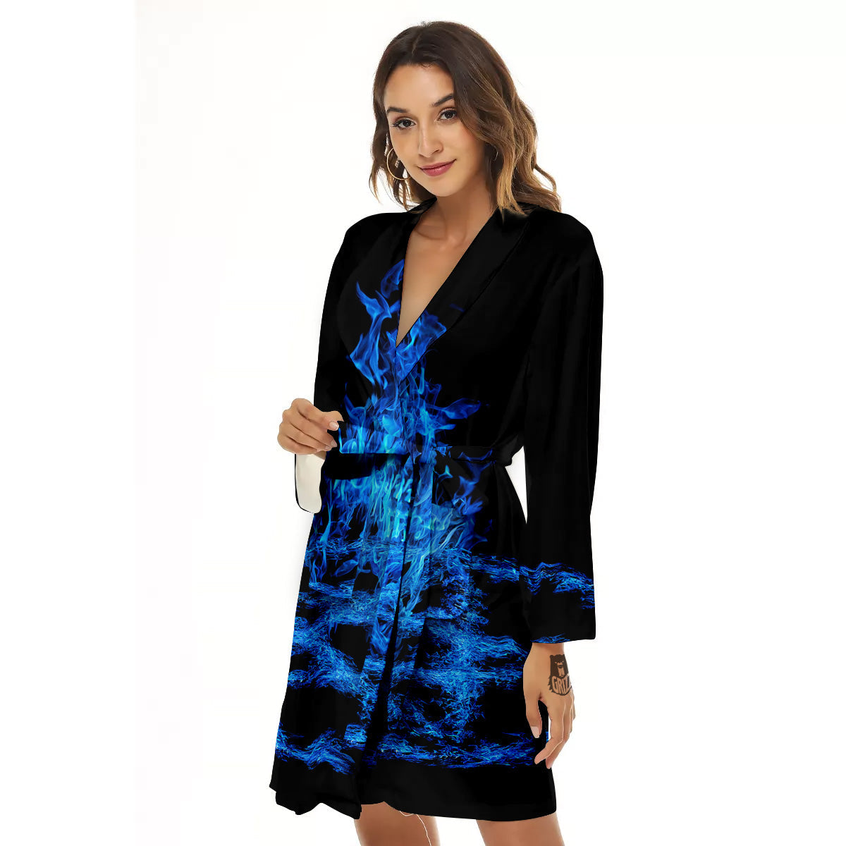 Pentagram Blue Flame Print Women's Robe-grizzshop