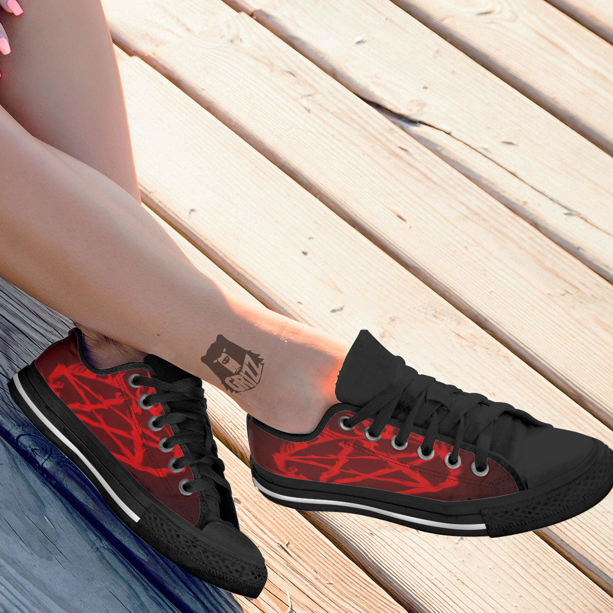 Pentagram Fiery Reversed Print Black Low Top Shoes-grizzshop