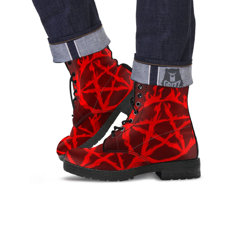 Pentagram Fiery Reversed Print Leather Boots-grizzshop