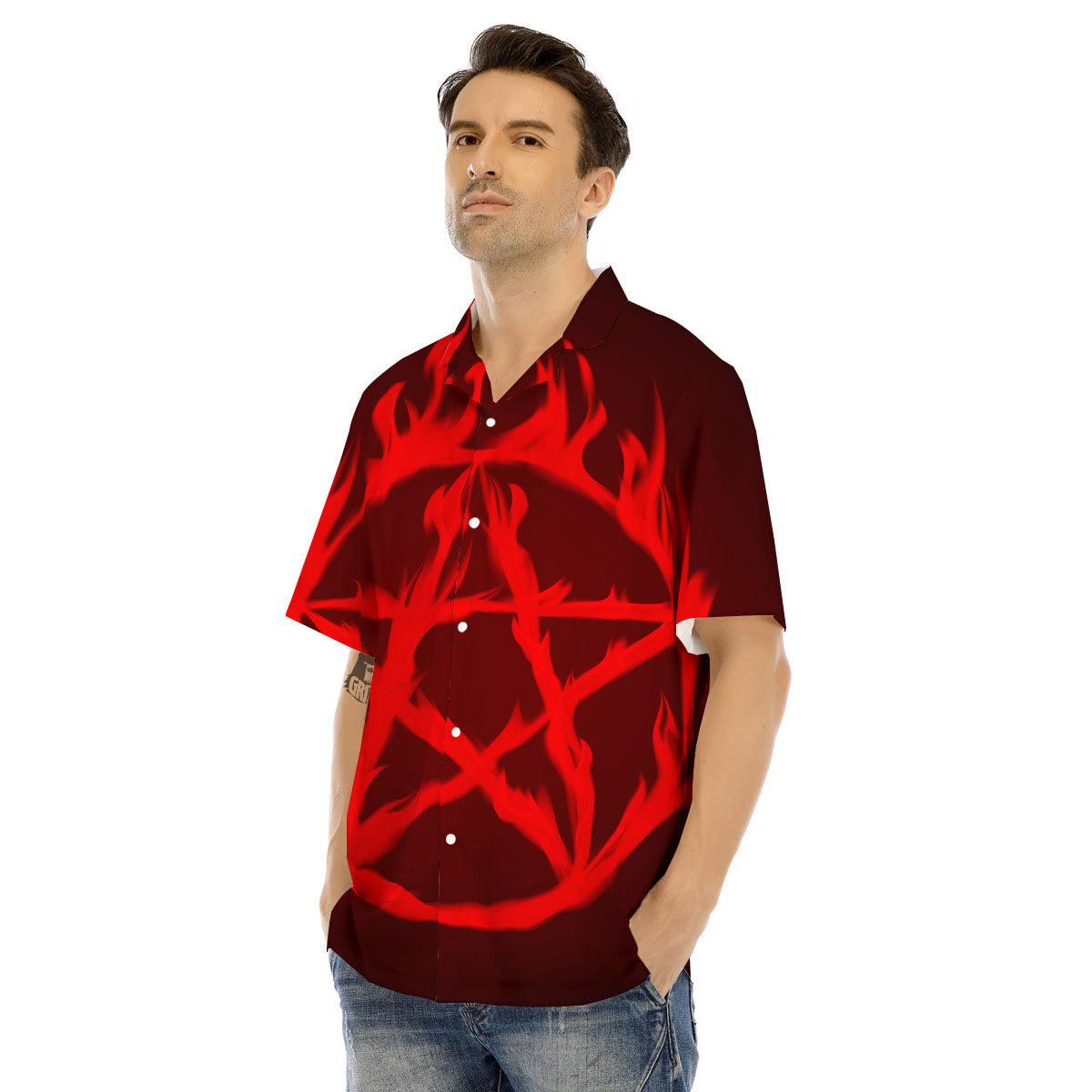 Pentagram Fiery Reversed Print Men's Hawaiian Shirt-grizzshop
