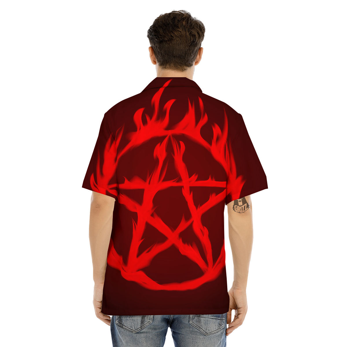 Pentagram Fiery Reversed Print Men's Hawaiian Shirt-grizzshop