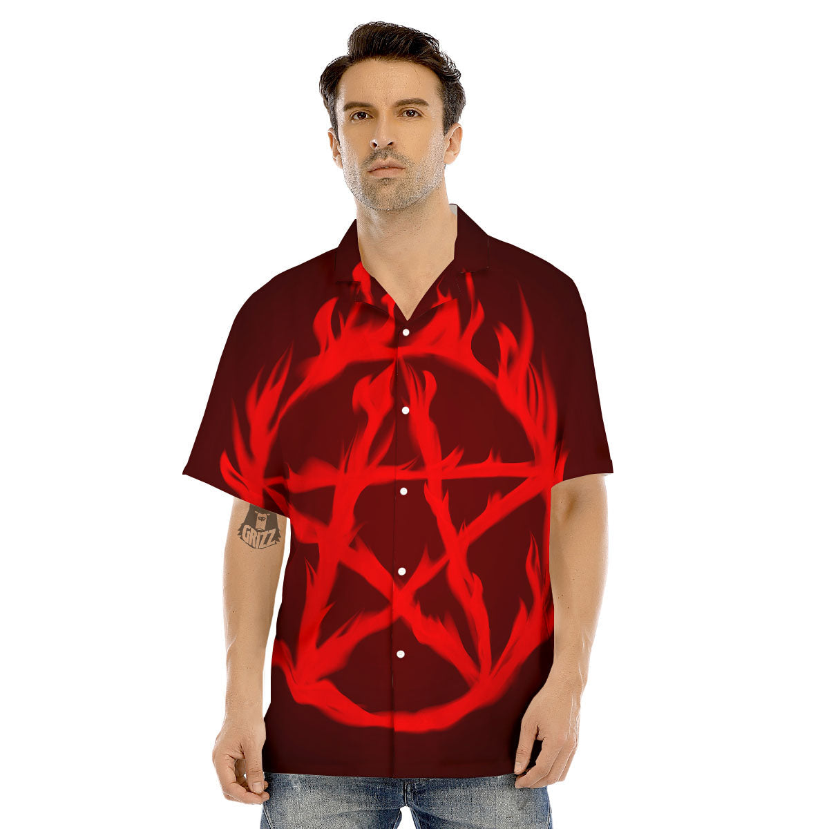 Pentagram Fiery Reversed Print Men's Hawaiian Shirt-grizzshop