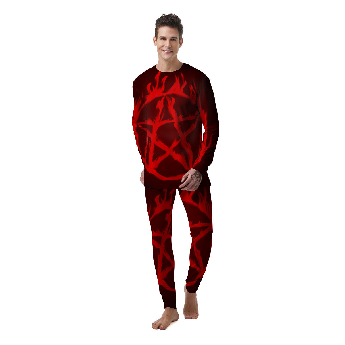 Pentagram Fiery Reversed Print Men's Pajamas-grizzshop