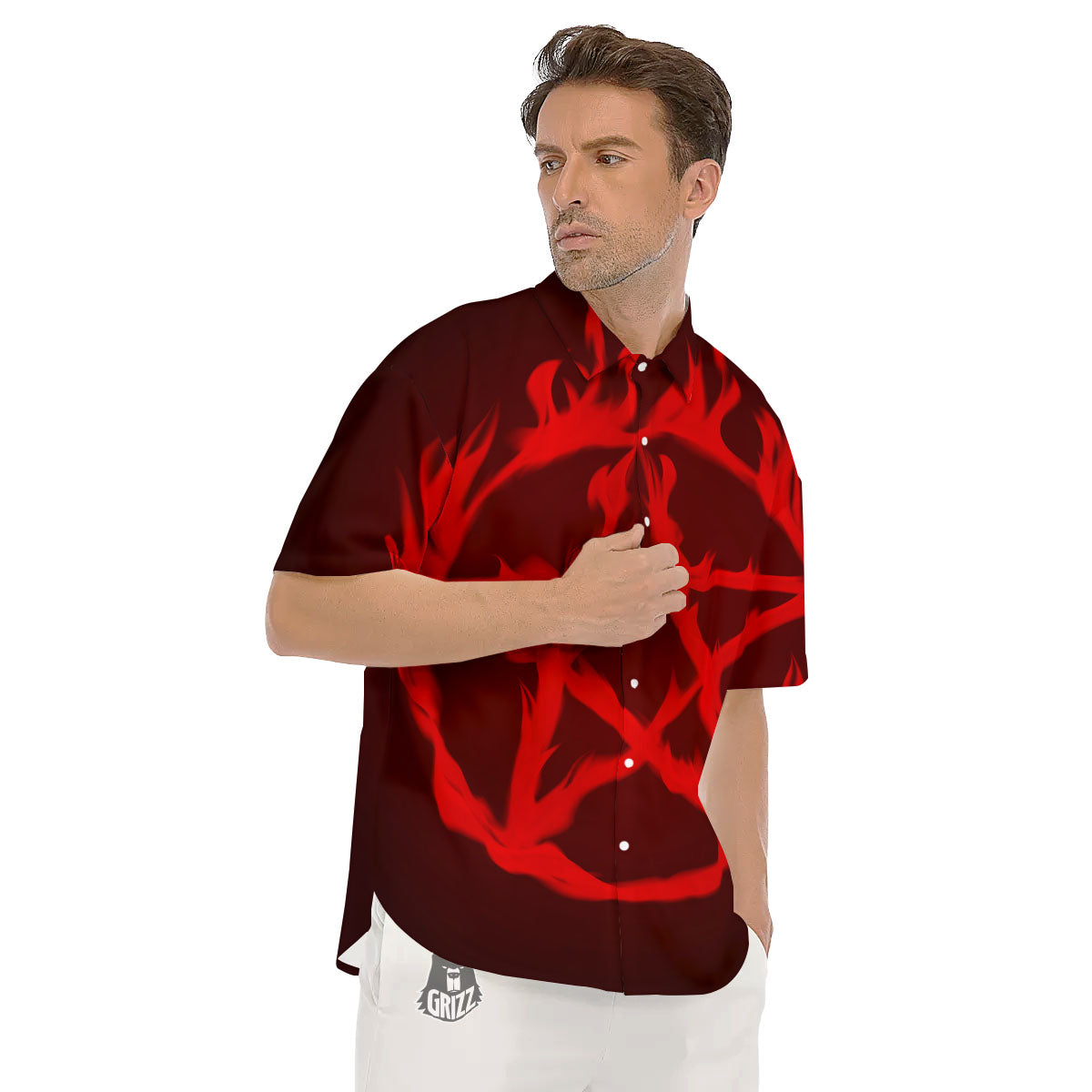 Pentagram Fiery Reversed Print Men's Short Sleeve Shirts-grizzshop