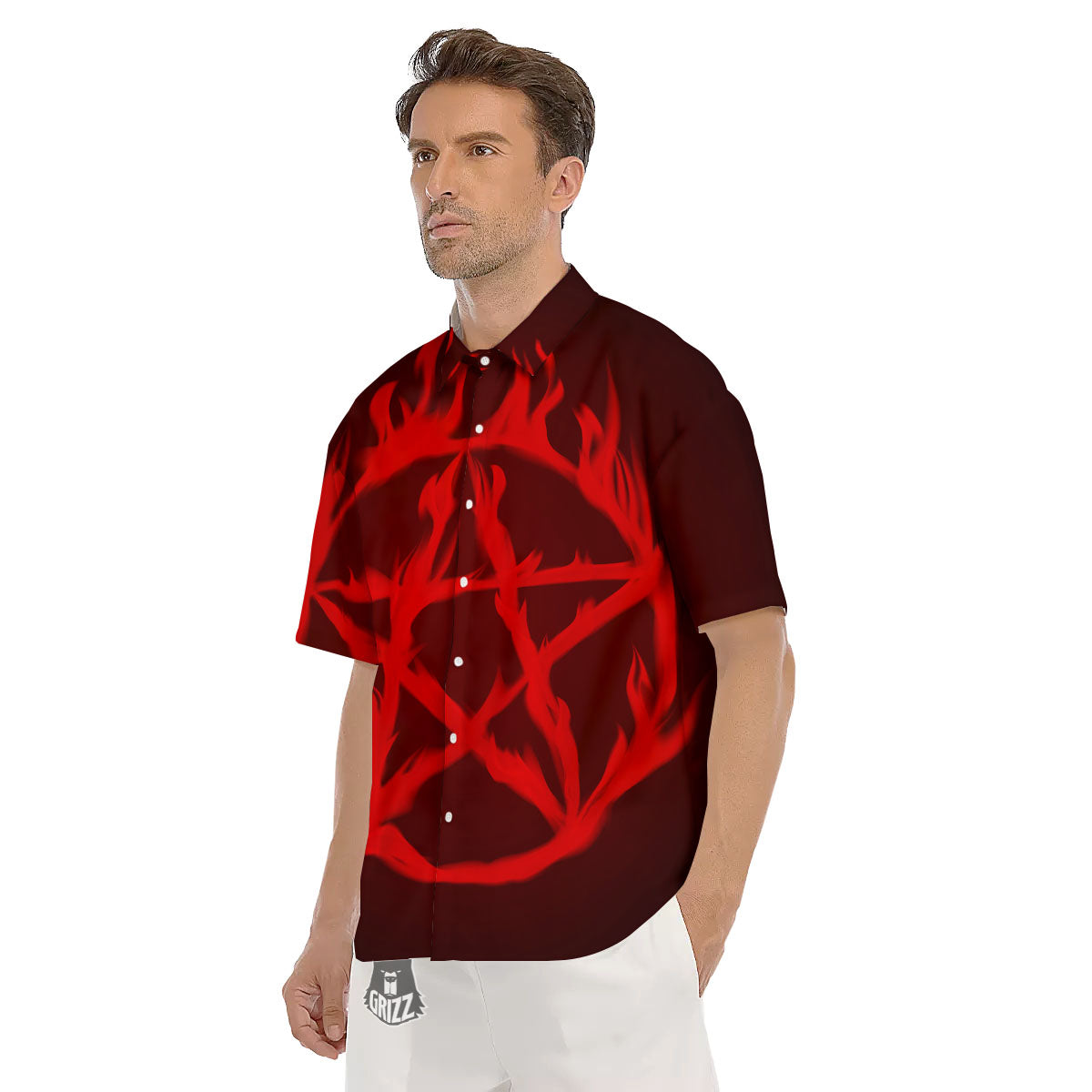 Pentagram Fiery Reversed Print Men's Short Sleeve Shirts-grizzshop