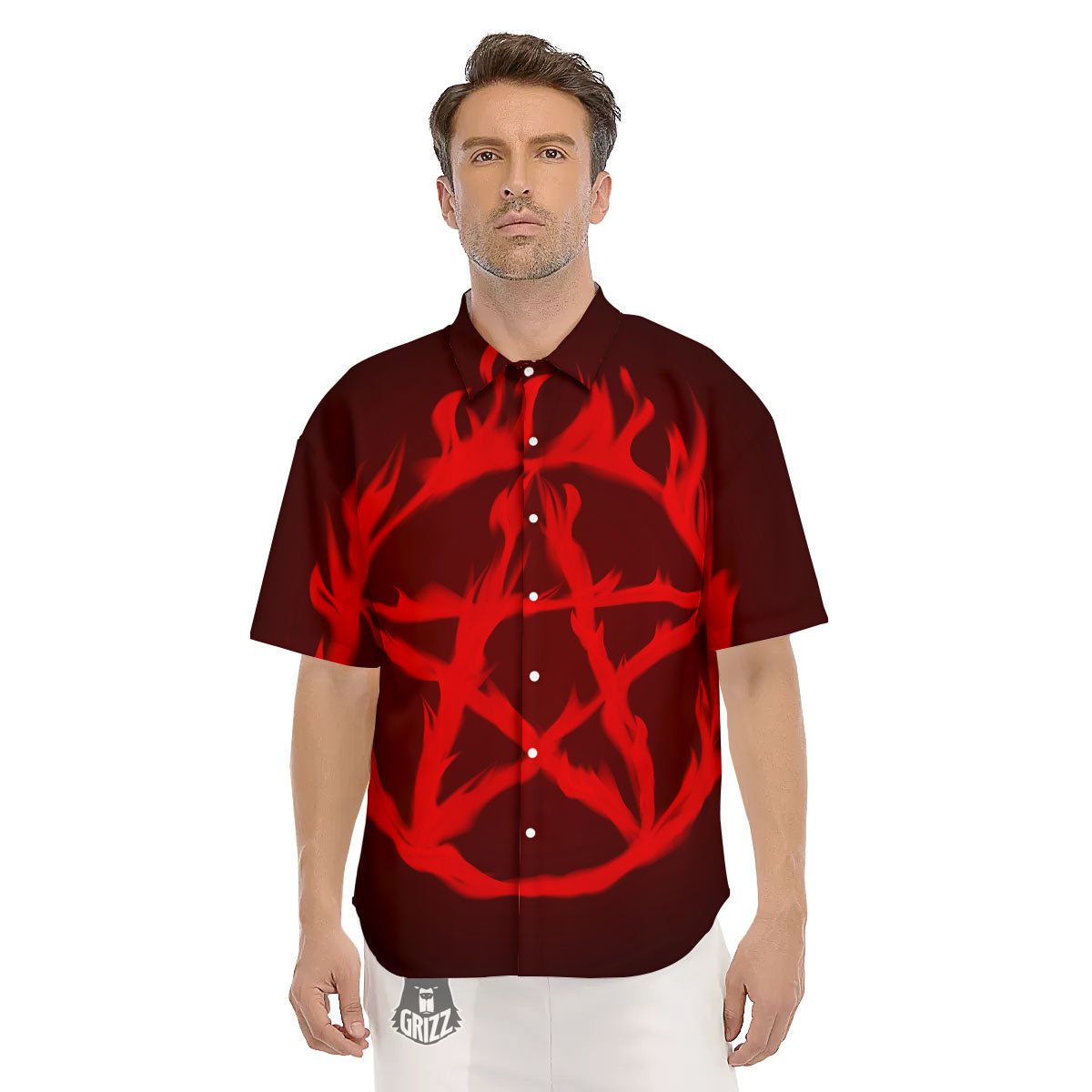 Pentagram Fiery Reversed Print Men's Short Sleeve Shirts-grizzshop