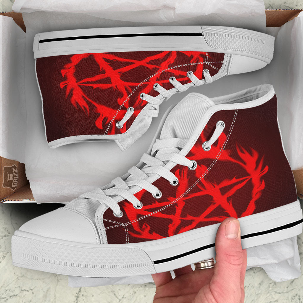 Pentagram Fiery Reversed Print White High Top Shoes-grizzshop