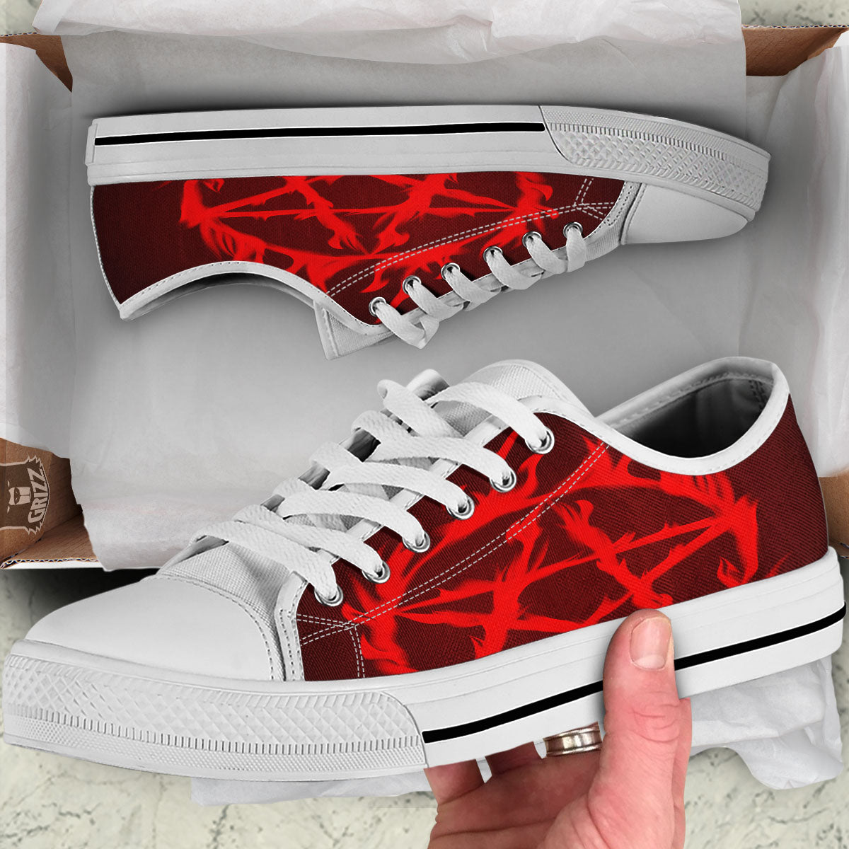 Pentagram Fiery Reversed Print White Low Top Shoes-grizzshop