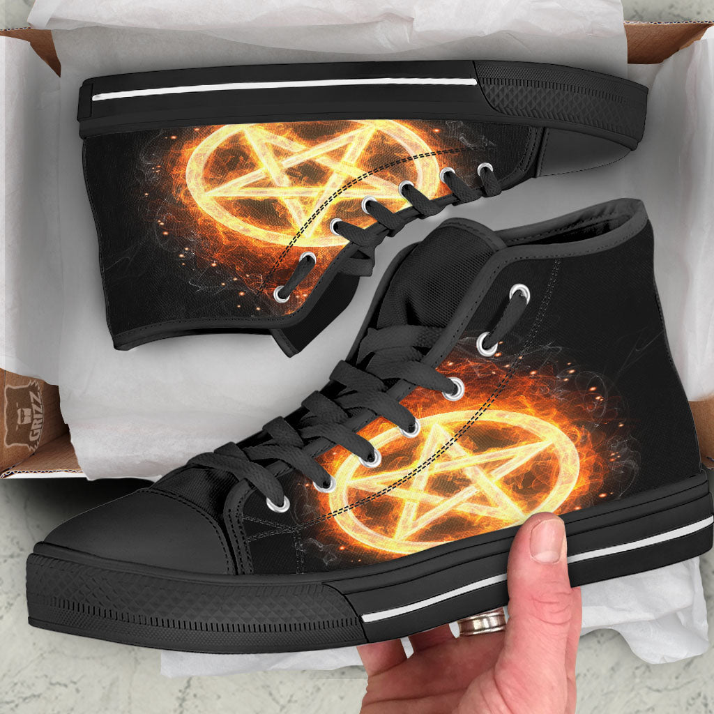 Pentagram Flame Print Black High Top Shoes-grizzshop