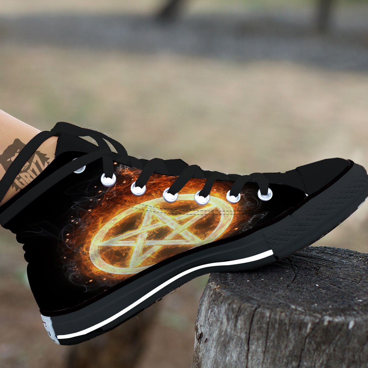 Pentagram Flame Print Black High Top Shoes-grizzshop