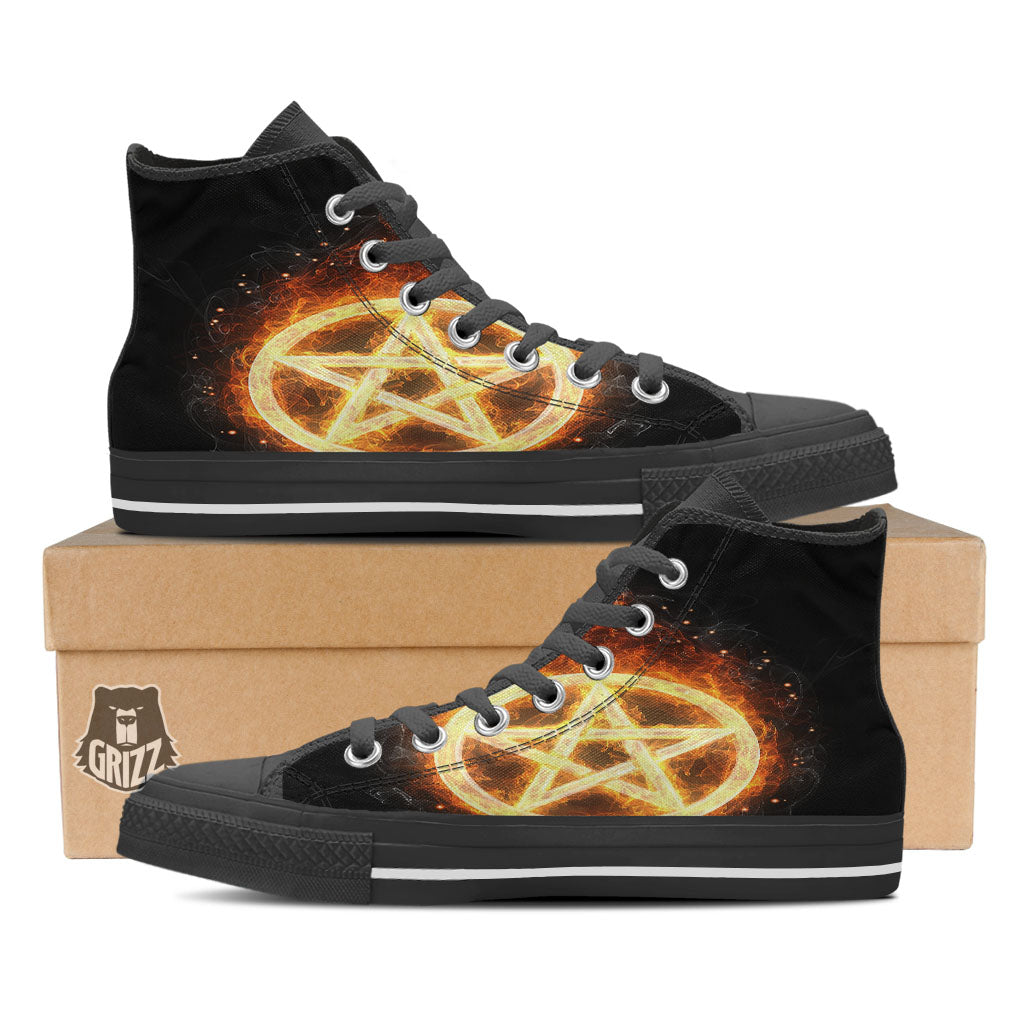 Pentagram Flame Print Black High Top Shoes-grizzshop