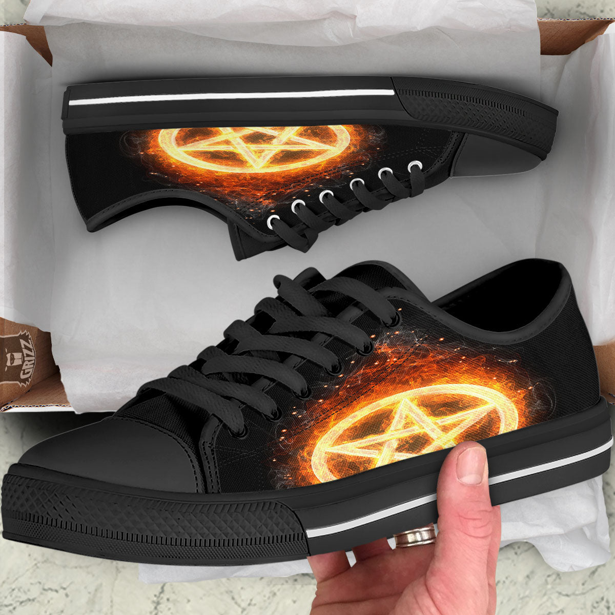 Pentagram Flame Print Black Low Top Shoes-grizzshop