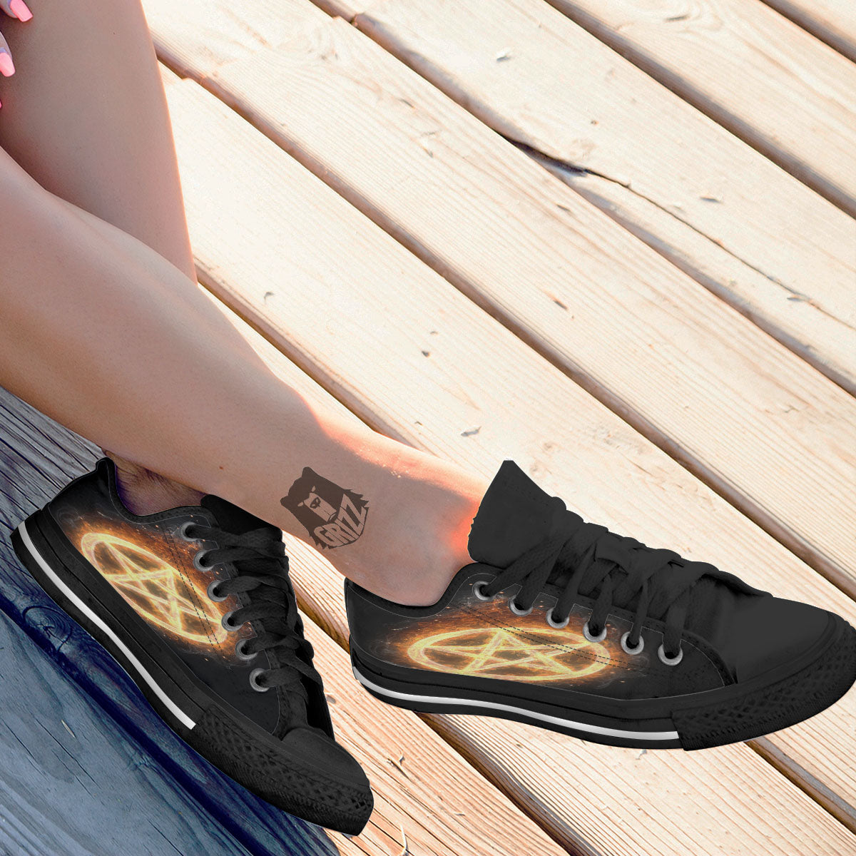 Pentagram Flame Print Black Low Top Shoes-grizzshop
