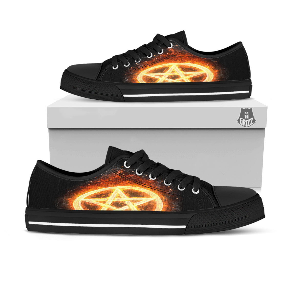 Pentagram Flame Print Black Low Top Shoes-grizzshop
