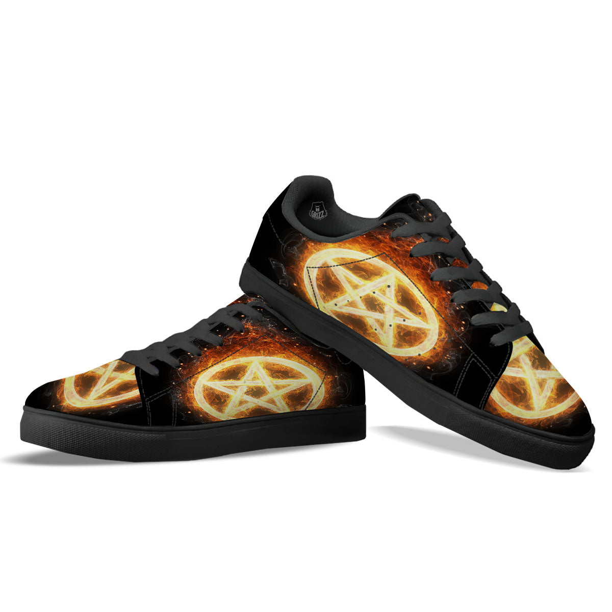 Pentagram Flame Print Black Low Top Sneakers-grizzshop