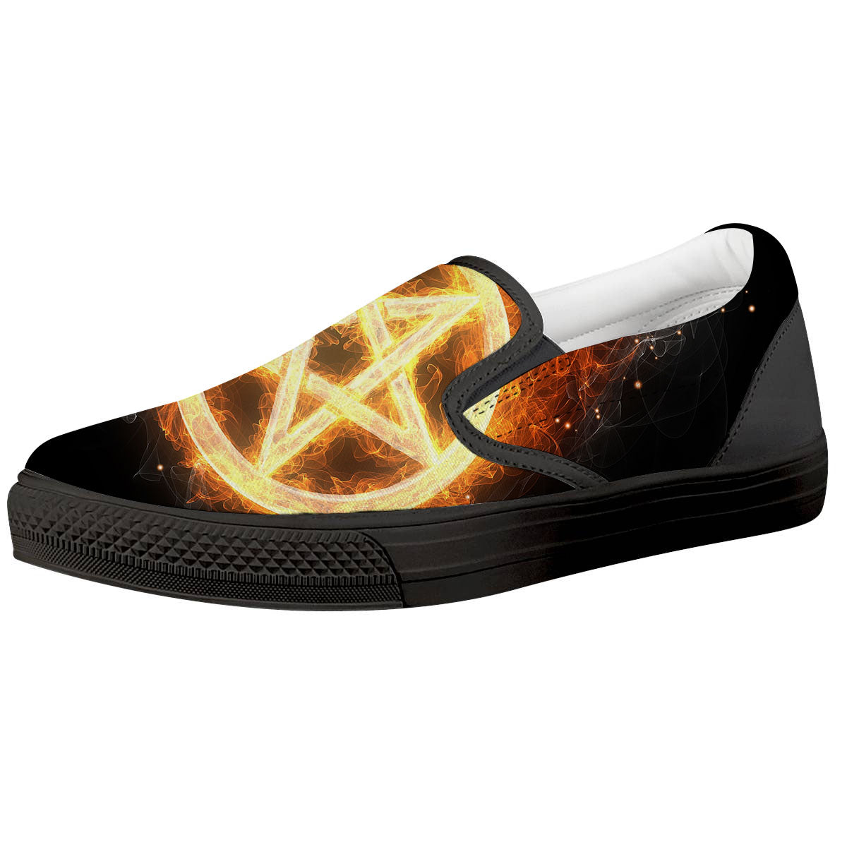 Pentagram Flame Print Black Slip On Shoes-grizzshop