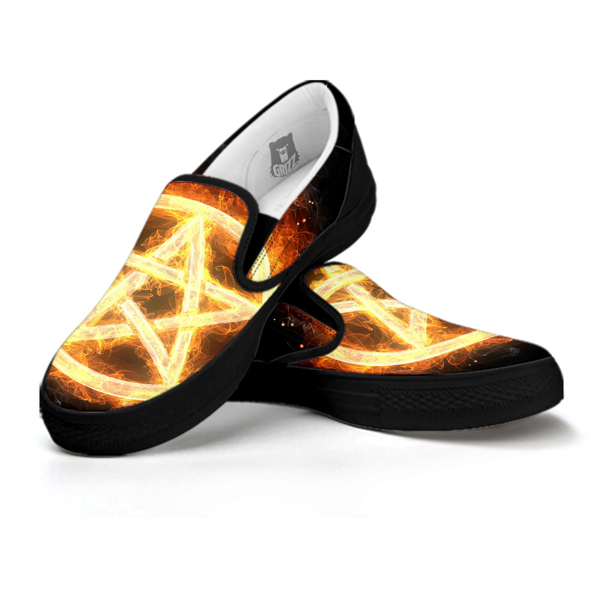 Pentagram Flame Print Black Slip On Shoes-grizzshop