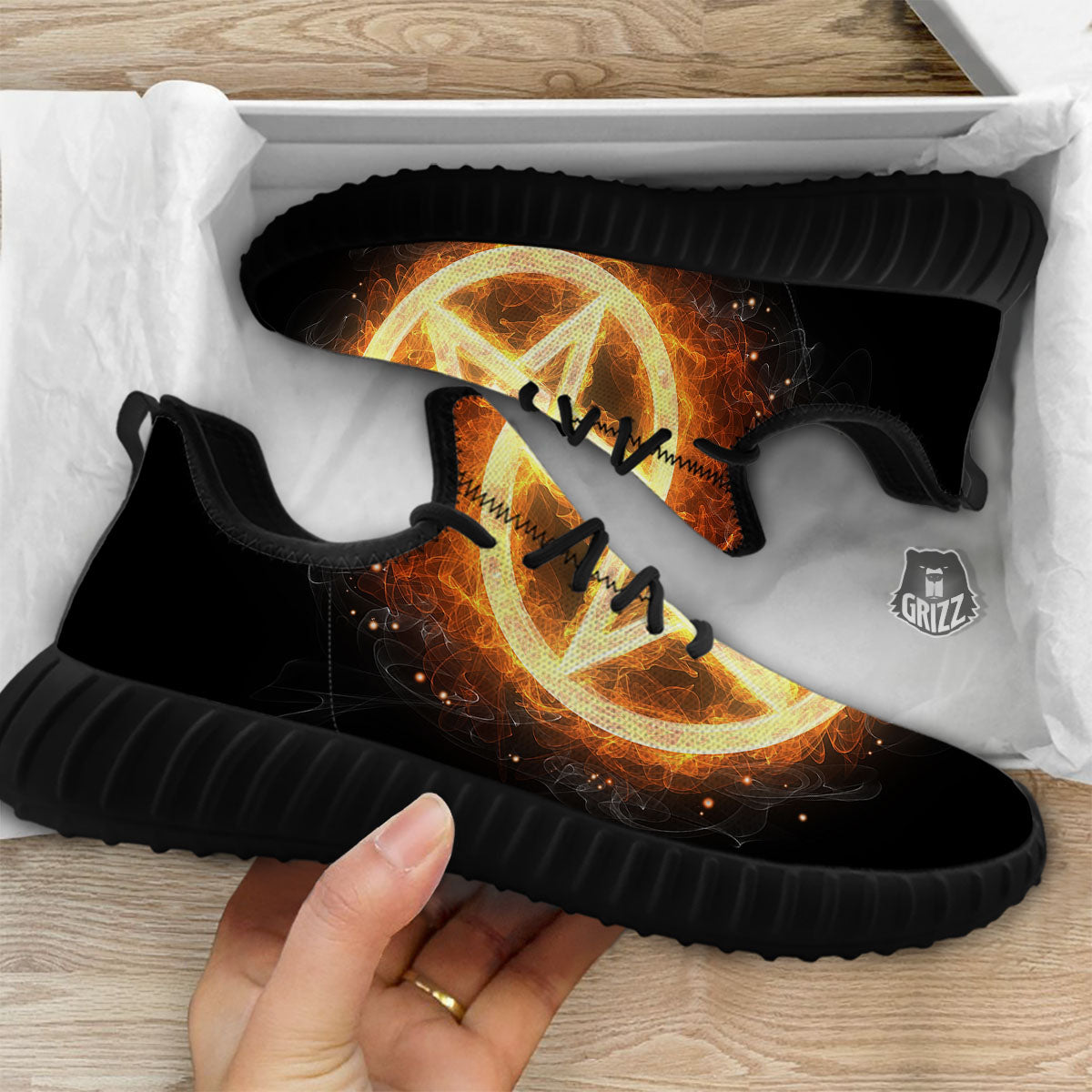 Pentagram Flame Print Black Walking Shoes-grizzshop