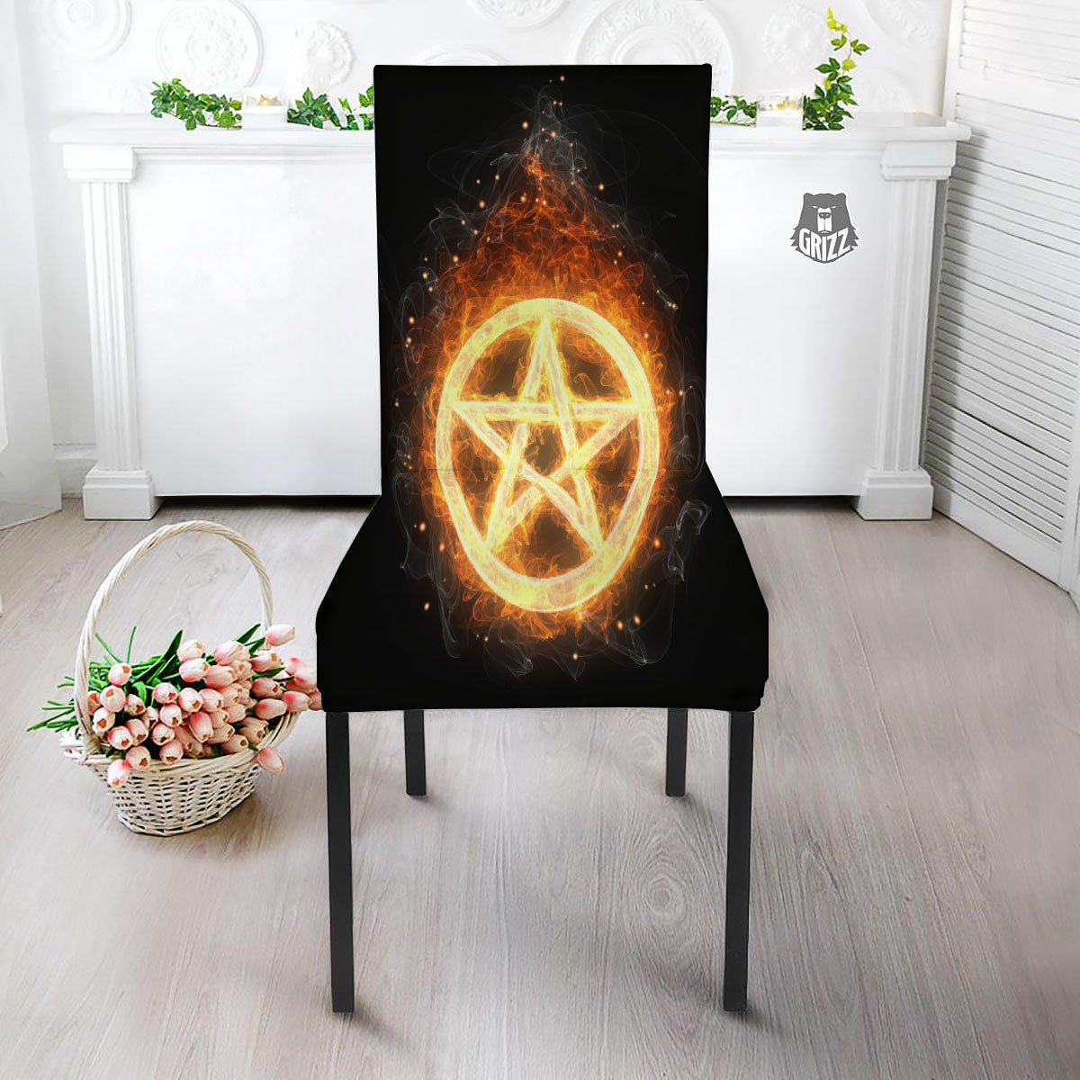 Pentagram Flame Print Dining Chair Slipcover-grizzshop