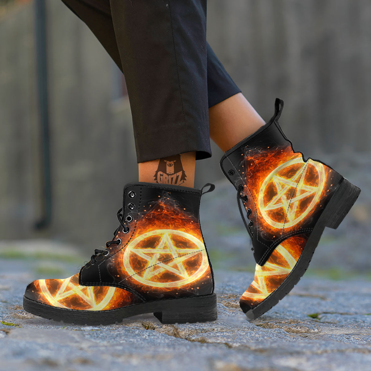 Pentagram Flame Print Leather Boots-grizzshop